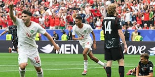 Morocco's midfielder #08 Azzedine Ounahi celebrates scoring his team's second goal during the 2026 World Cup round of 16 football match between Canada and Morocco at the Houston Stadium in Houston on July 4, 2026. (Photo by RONALDO SCHEMIDT / AFP)