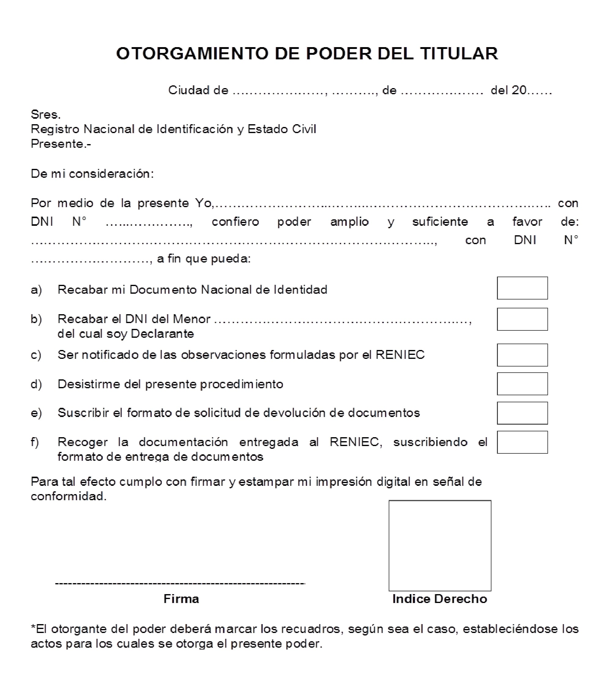 Una carta poder con huella digital del índice derecho y firma legible del titular del DNI tramitado (o del declarante para el caso de DNI de menores de edad). Foto: Reniec
