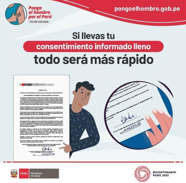 Recuerda llevar tu DNI y tu consentimiento firmado para agilizar el proceso de vacunación. Foto: Minsa