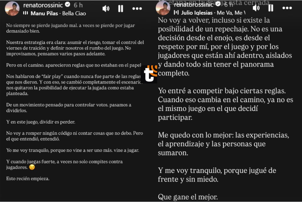 Renato Rossini Jr. lanza dos fuertes post tras ser eliminado de 'La Granja vip'.