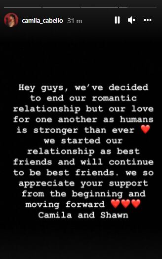 A través de sus cuentas en Instagram, Camila Cabello y Shawn Mendes anunciaron el fin de su relación después de dos años (Foto: Captura de pantalla)
