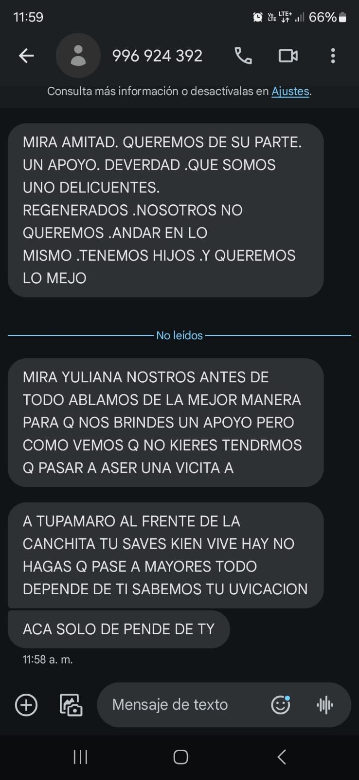Mensajes extorsivos a Giuliana Rengifo