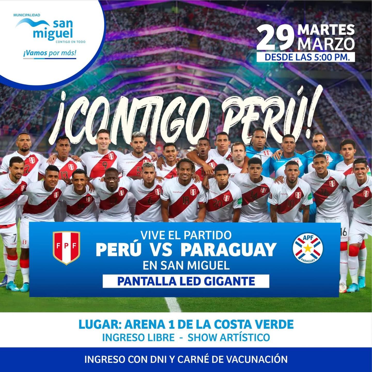 Municipalidad de San Miguel convoca a hinchas para ver en vivo el partido Perú vs Paraguay en pantalla gigante.