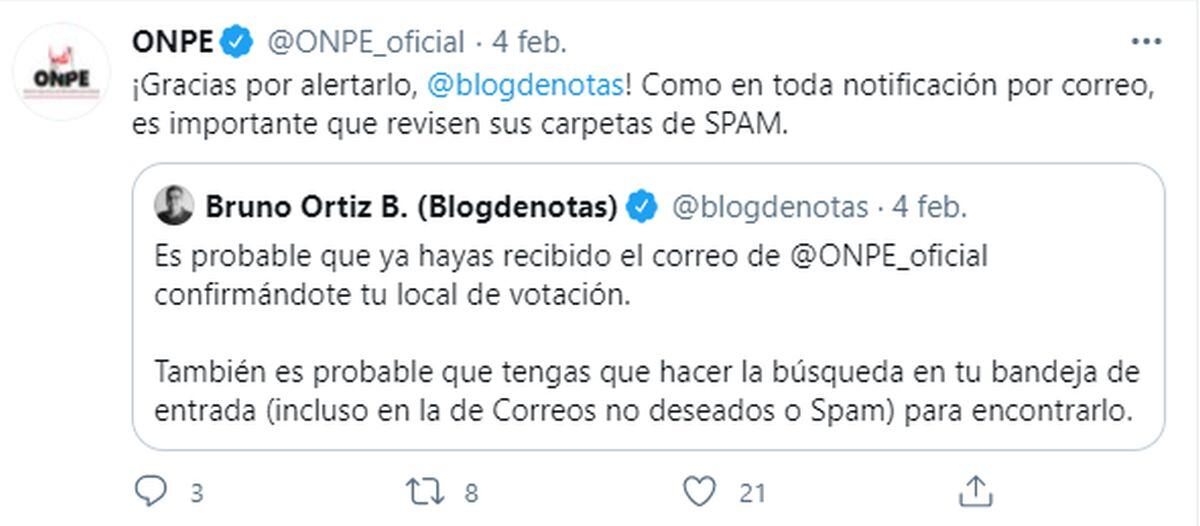 A través de sus redes sociales, la Oficina Nacional de Procesos Electorales informó que a la fecha ha enviado por correo más de más de tres millones de confirmaciones (Foto: Twitter/ONPE)