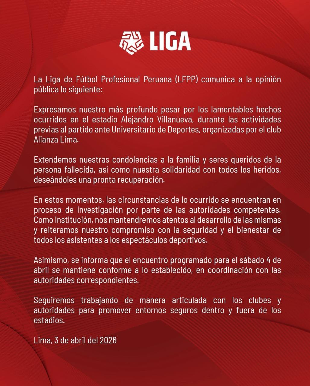 Comunicado de la Liga1 sobre la tragedia en el Estadio de Matute.