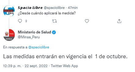 Tuit del Ministerio de Salud sobre fecha de entrada en vigencia sobre uso de las mascarillas de forma opcional en espacios abiertos y espacios cerrados con ventilación.