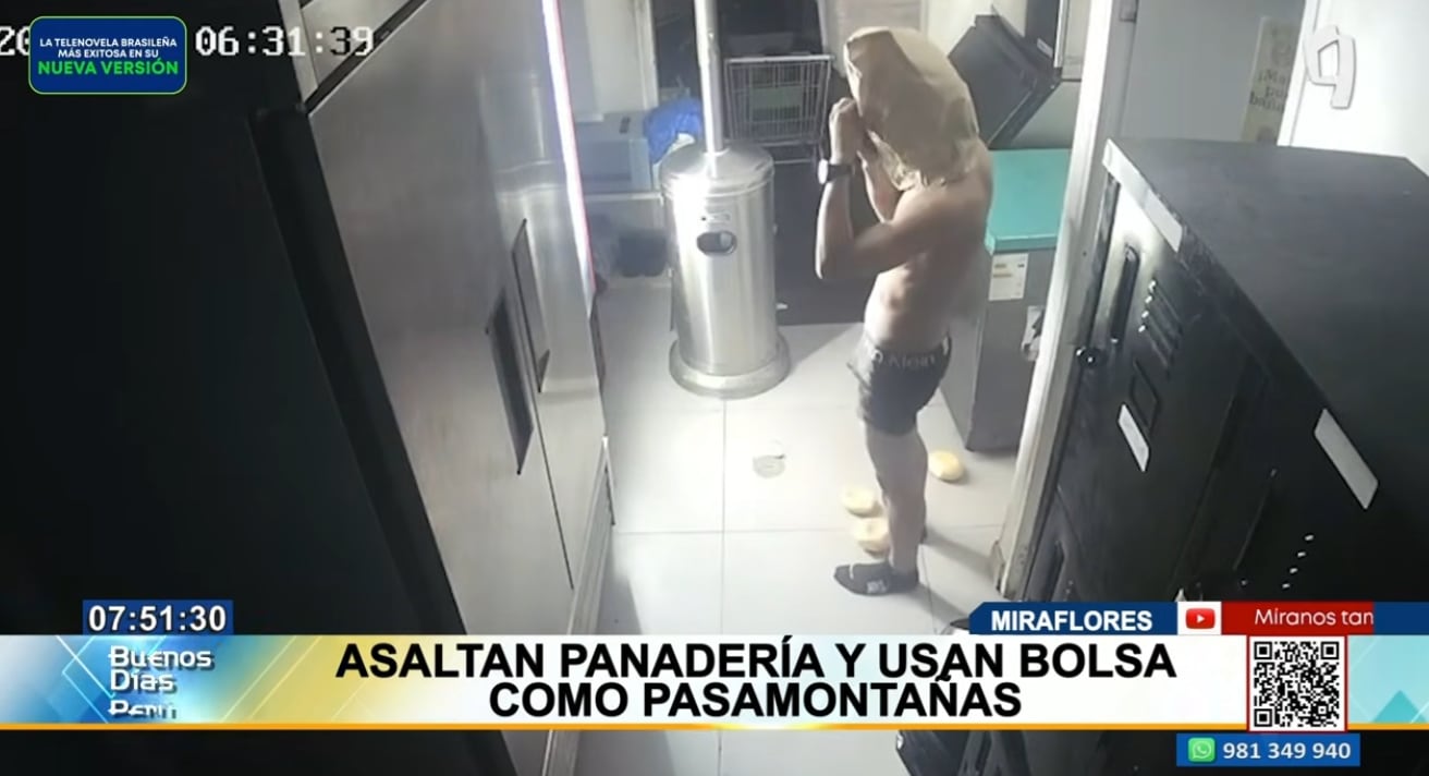 Delincuente se pone bolsa de papel como pasamontaña para no ser identificado durante robo a cafetería en Miraflores.