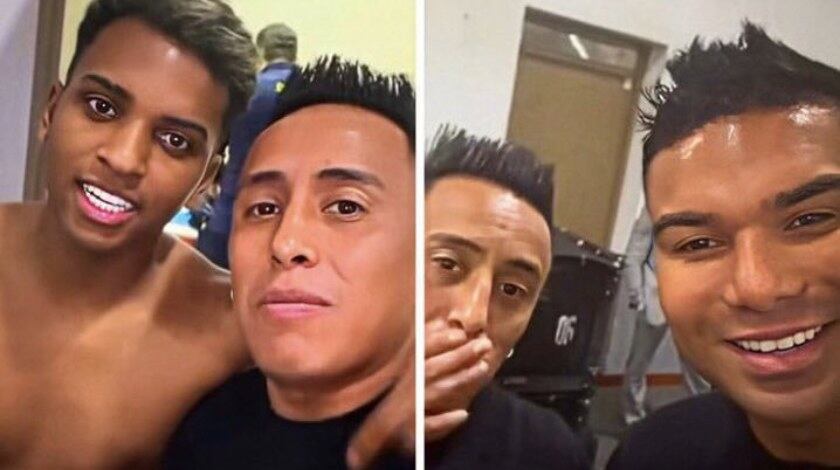 Christian Cueva bajó a vestuario brasileño y posó con Rodrygo y Casemiro.