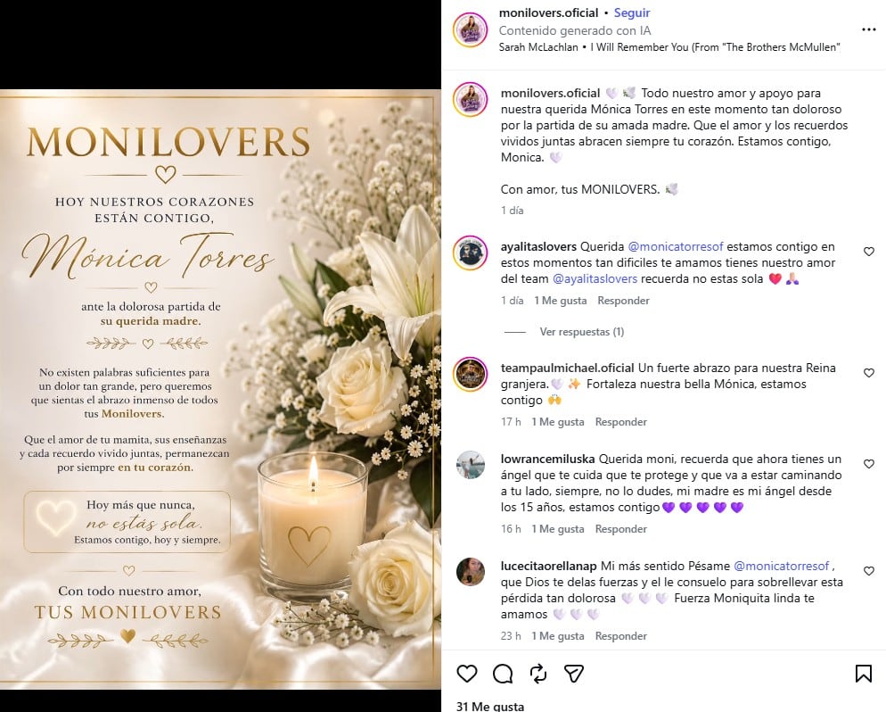 Mónica Torres recibe mensajes tras la muerte de su madre.