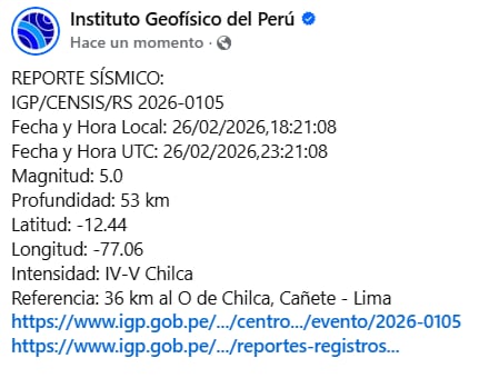Sismo de magnitud 5.0 se registró a las 6:21 de la tarde de este jueves 26 de febrero.