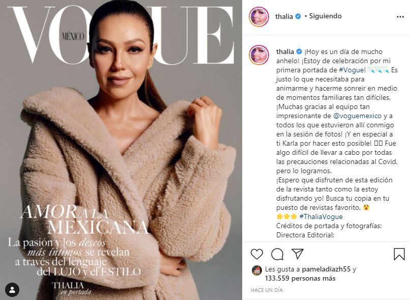 Thalía celebró su primera portada en la revista Vogue de México (Foto: Instagram/ Thalía)