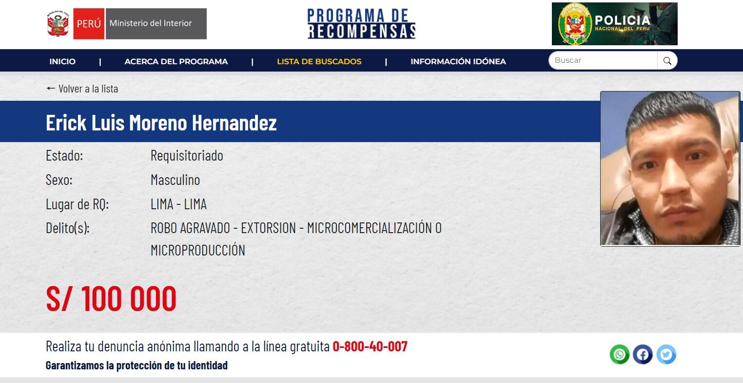 de Erick Luis Moreno Hernández ha sido incluido en el Programa de Recompensas.