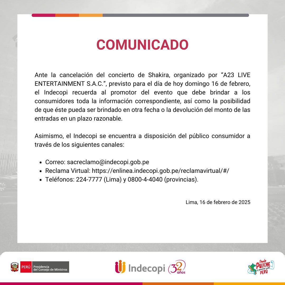 Comunicado de Indecopi sobre el concierto de Shakira.