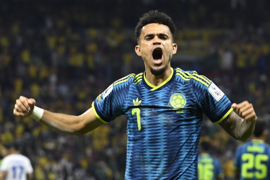 Colombia's forward #07 Luis Diaz celebrates scoring his team's second goal during the 2026 World Cup Group K football match between Uzbekistan and Colombia at the Mexico City Stadium in Mexico City on June 17, 2026. (Photo by Alfredo ESTRELLA / AFP)
