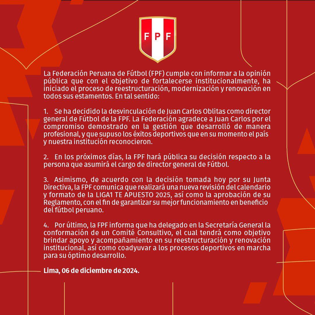 Comunicado de la Federación Peruana de Fútbol. (Fuente: FPF)
