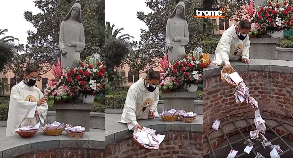 Padre Miguel Ángel depositó impresas las cartas virtuales de muchos devotos de Santa Rosa de Lima. (Isabel Medina / Trome)