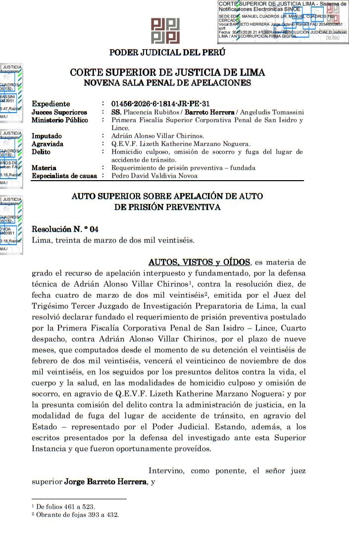 Poder Judicial confirma prisión preventiva de nueve meses contra Adrián Villar.