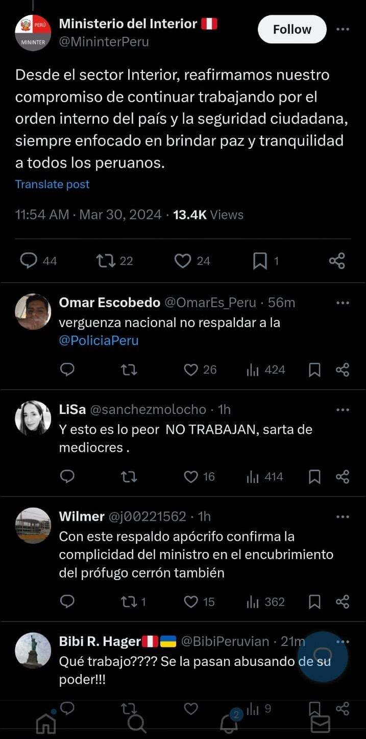 Usuarios enfurecen en redes sociales por respaldo del Mininter a presidenta Dina Boluarte.