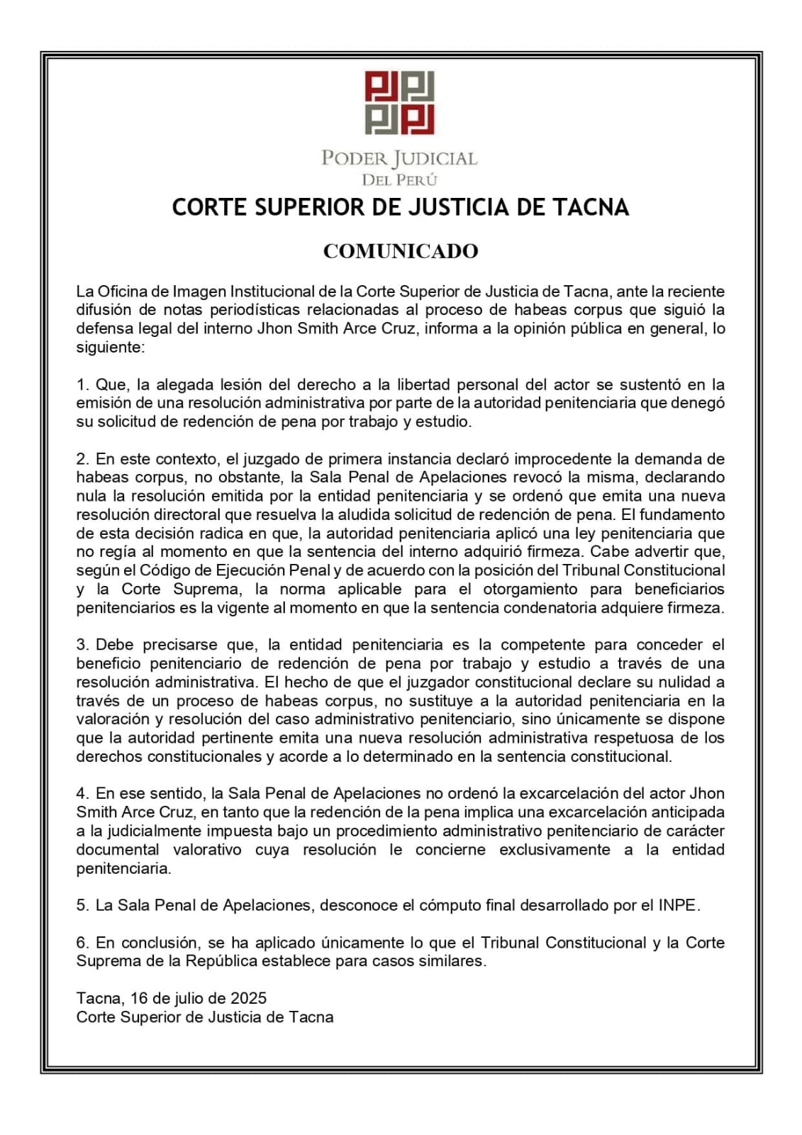 Corte Superior de Justicia de Tacna responsabilizó al INPE por la libertad del sindicado líder de Los Pulpos.
