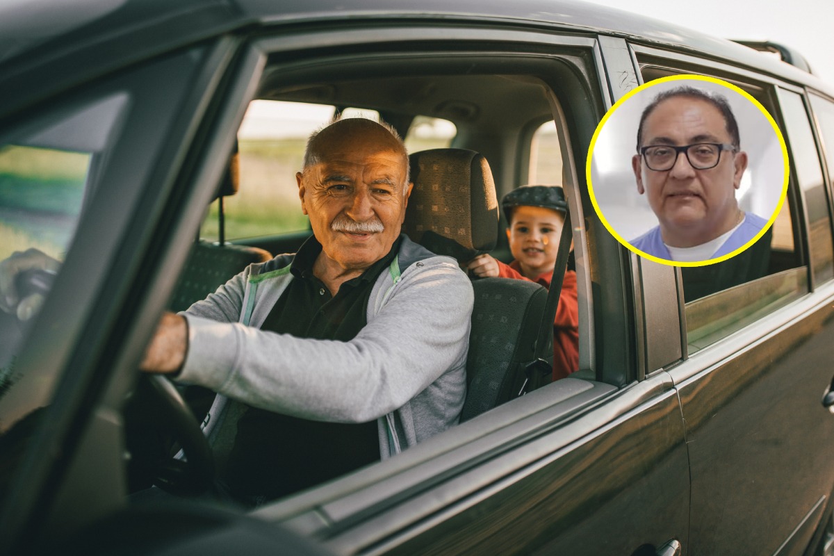 Adulto mayor en un auto. Foto: Istock/composición