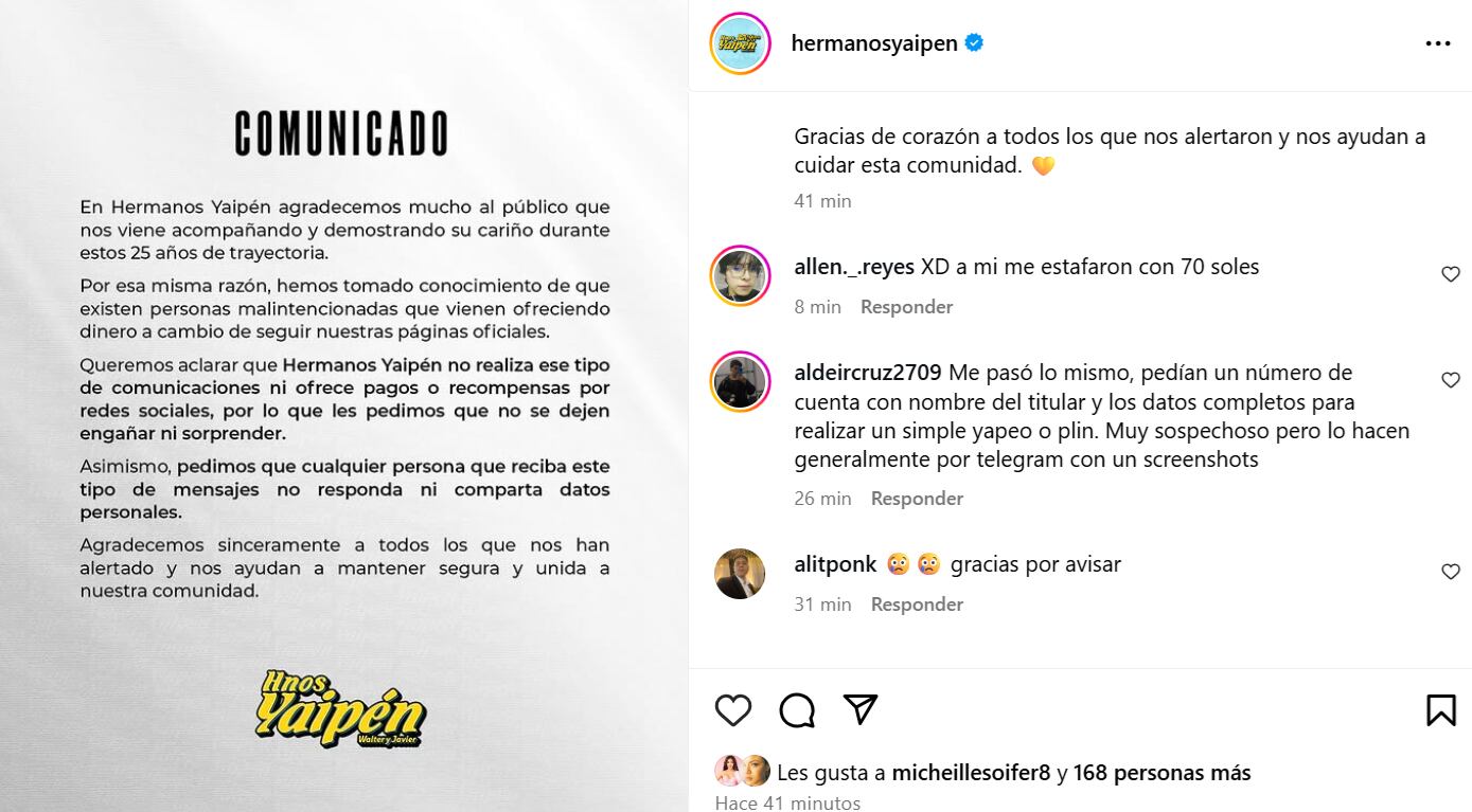Hermanos Yaipén hacen denuncia a través de sus redes para que fans no caigan en estafa.