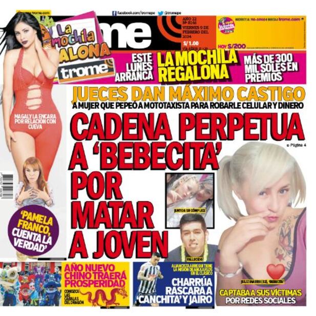 Portada impresa de Trome del viernes 9 de febrero de 2024