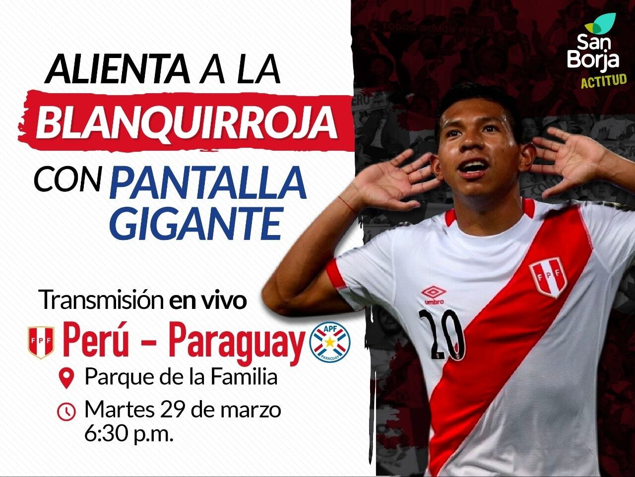 Municipalidad de San Borja anuncia instalación de transmisión de Perú vs Paraguay en vivo y en pantalla gigante.