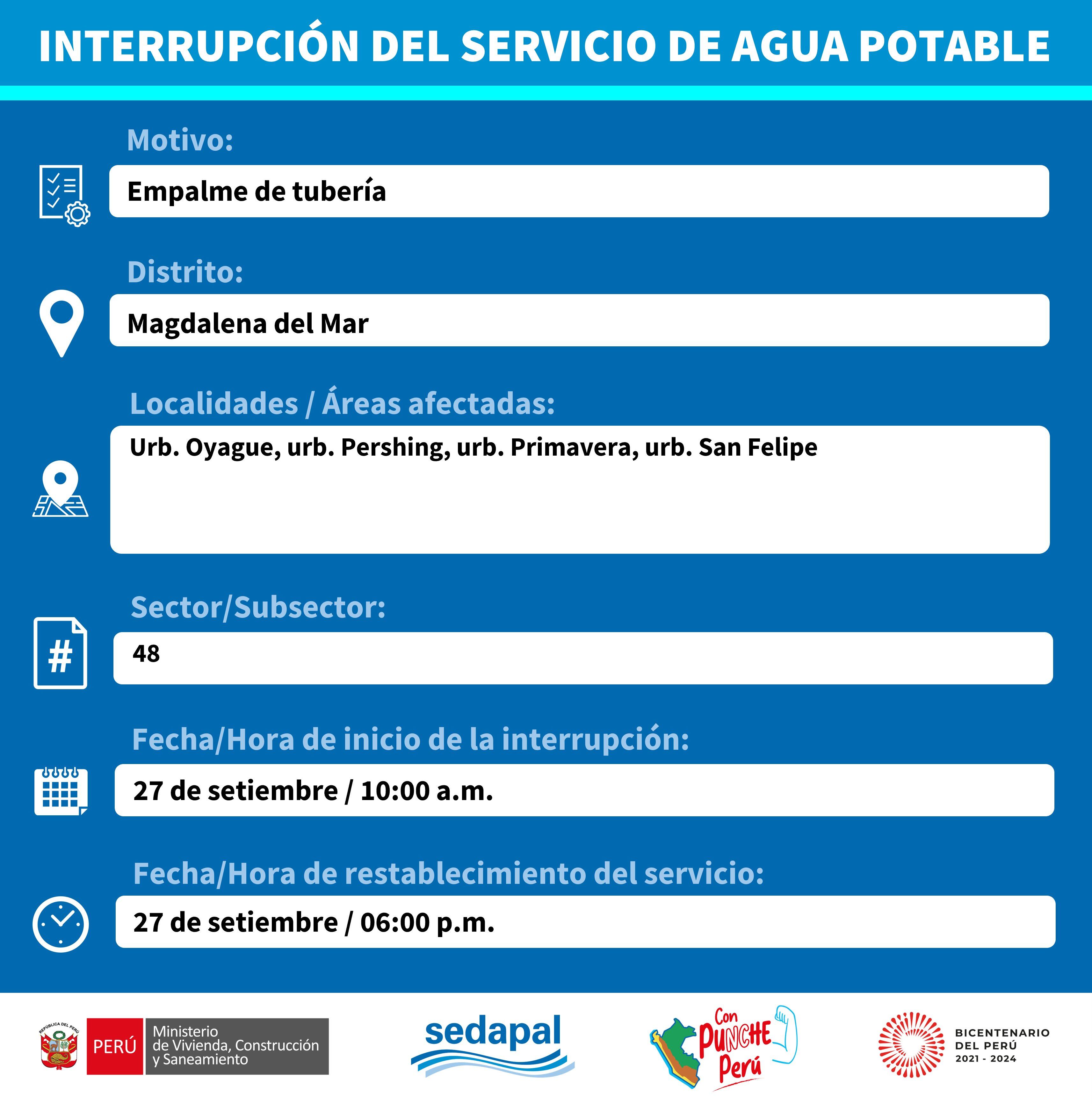 Corte de agua para el 27 de setiembre.