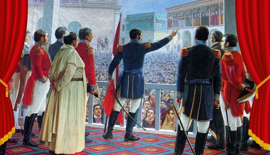 Fiestas Patrias. Pintura icónica que muestra al general San Martín proclamando la Independencia del Perú, el 28 de julio de 1821. Autor: Juan Lepiani (1904).