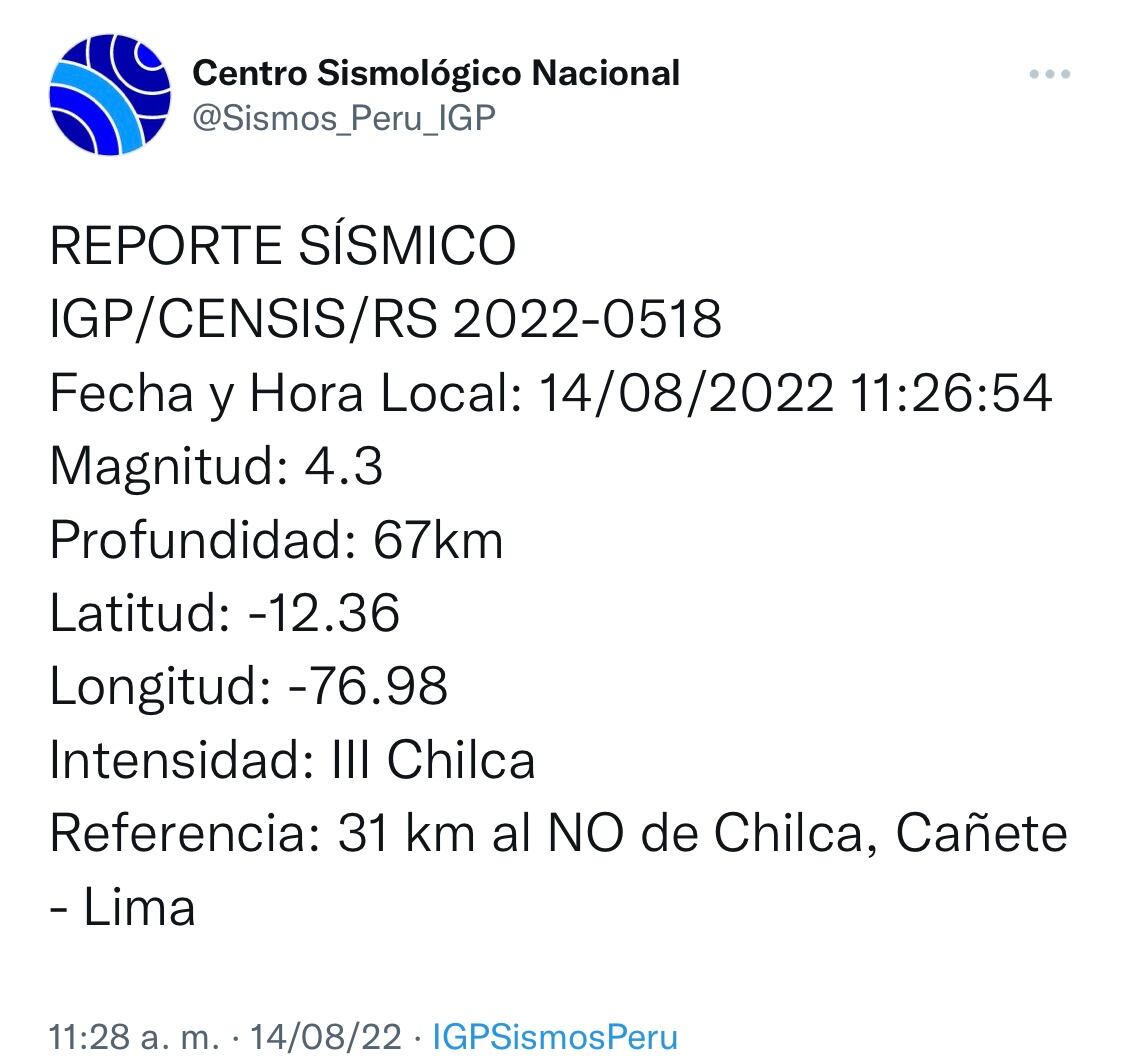 Sismo en Lima. (Foto: IGP)