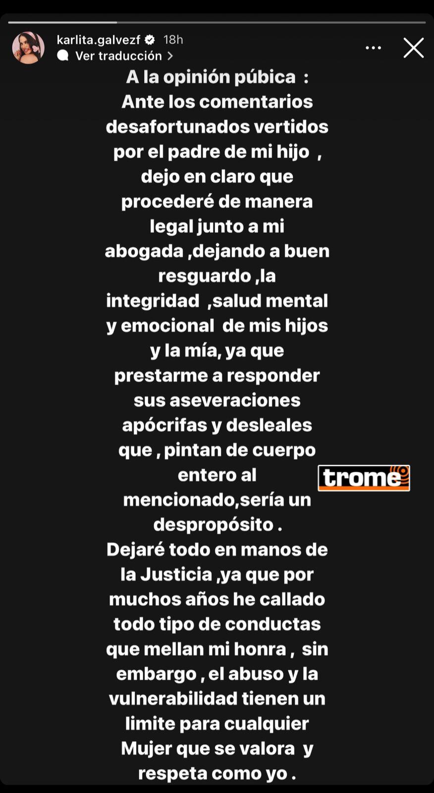 Comunicado de Karla Gálvez contra Miguel Trauco. (Foto: Instagram)