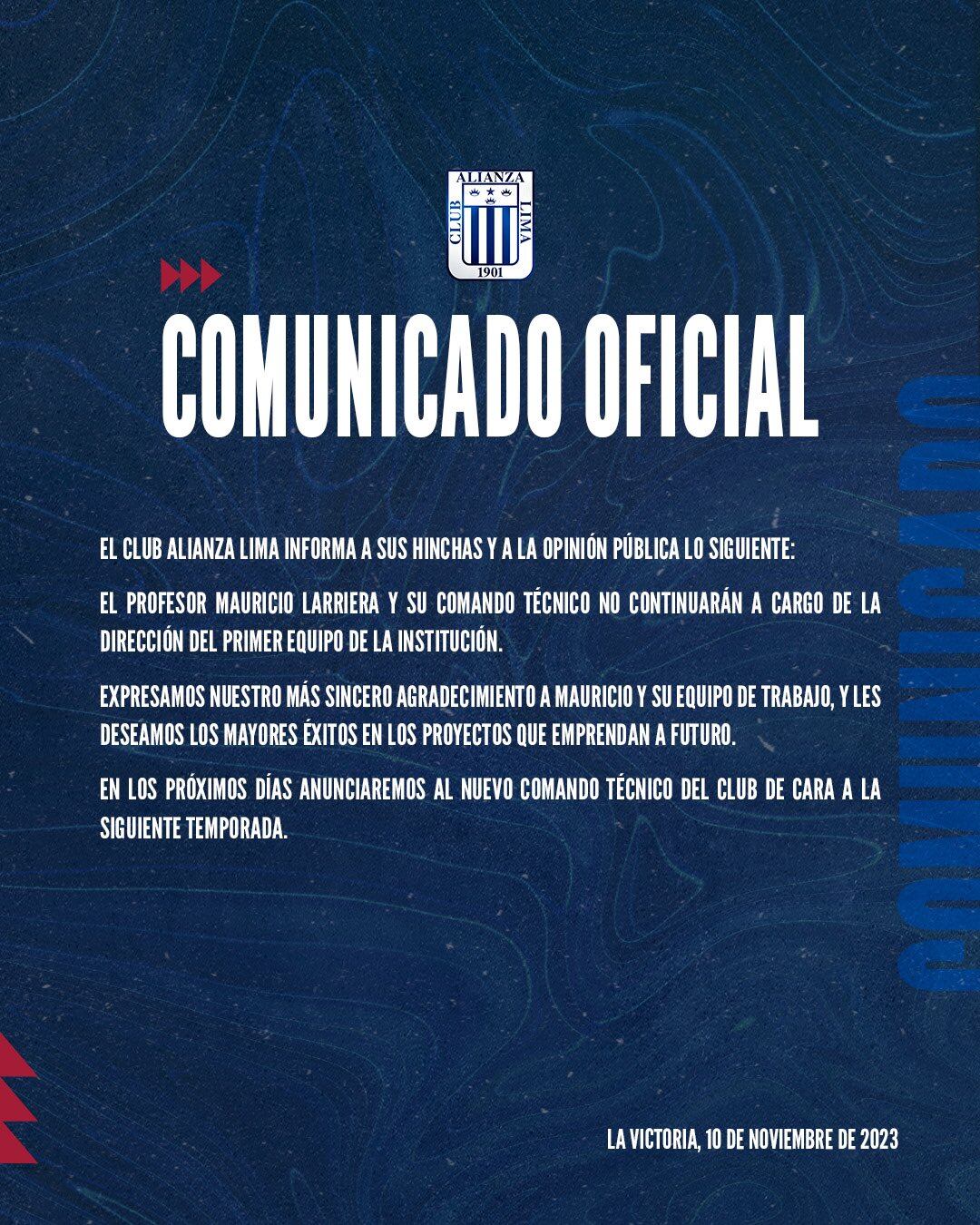 Comunicado de Alianza Lima sobre Mauricio Larriera. (Foto: Alianza Lima)