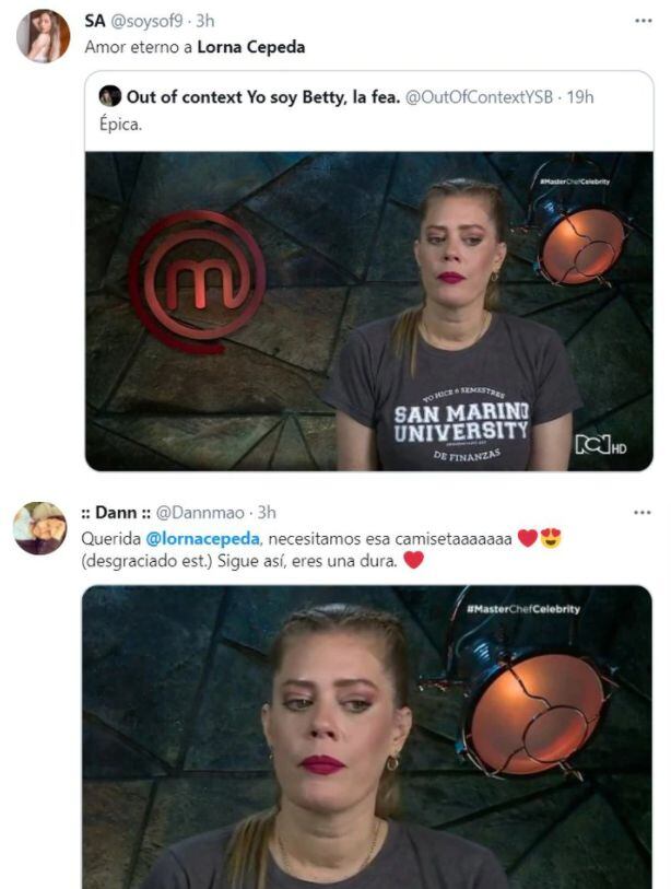 Lorna Cepeda se presento en el programa Masterchef Celebrity con una peculiar camiseta (Foto: Twitter)
