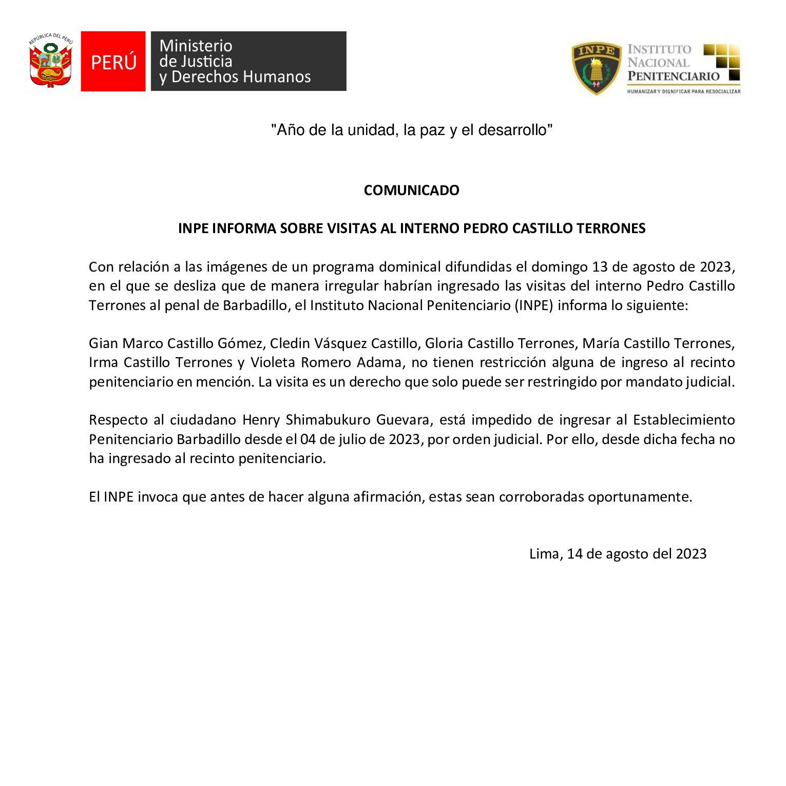Comunicado del INPE sobre las visitas de Pedro Castillo. (Foto: Difusión)