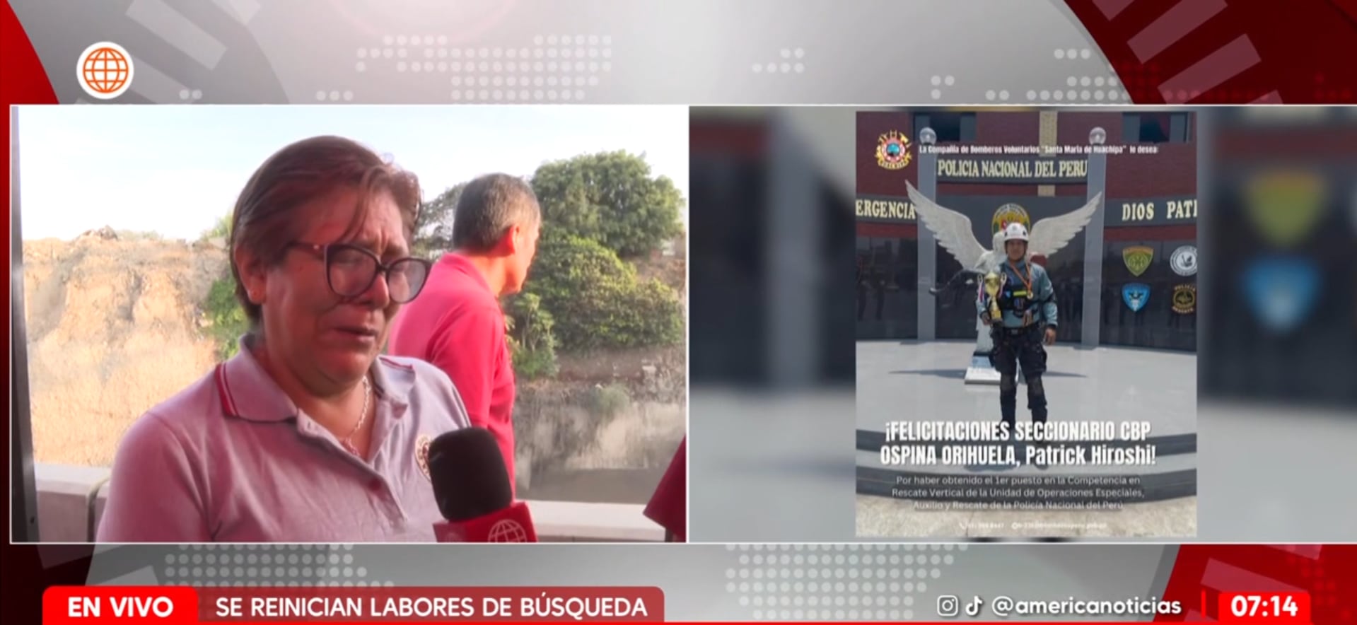 Familiar del rescatista rompe en llanto y pide que lo encuentren. (Fuente: América TV)