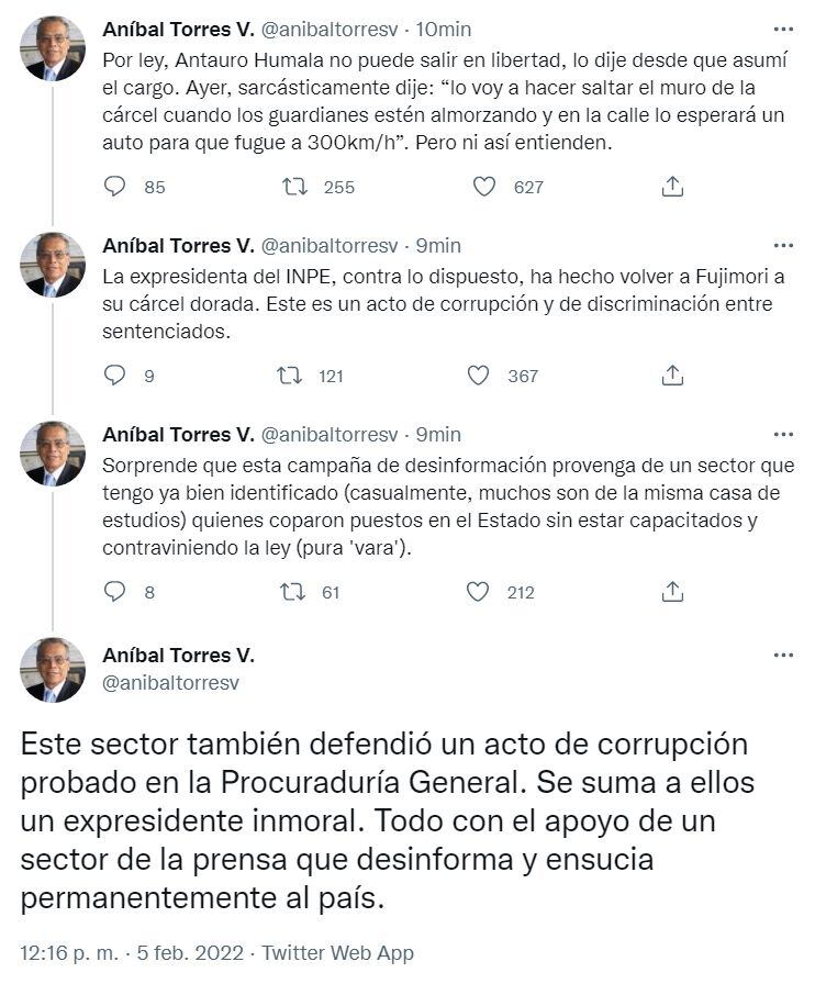 Aníbal Torres descartó que vaya a buscar liberar a Antauro Humala.