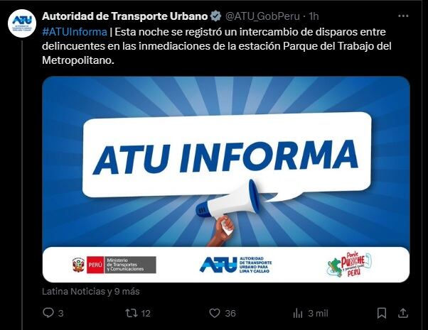 ATU se pronunció por balacera en Estación del Metopolitano.