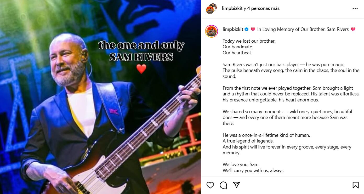 Limp Bizkit confirma fallecimiento del bajista Sam Rivers.