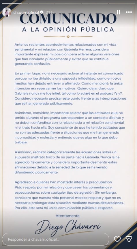 Comunicado de Diego Chávarri.