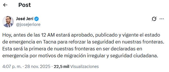 Presidente José Jerí confirma declaratoria de emergencia en la frontera con Chile tras llegada masiva de migrantes indocumentados.