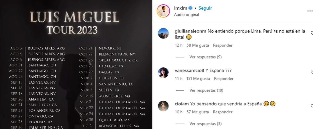 Fans de Perú y España mostraron su descontento por la ausencia de sus países (Foto: Luis Miguel / Instagram)