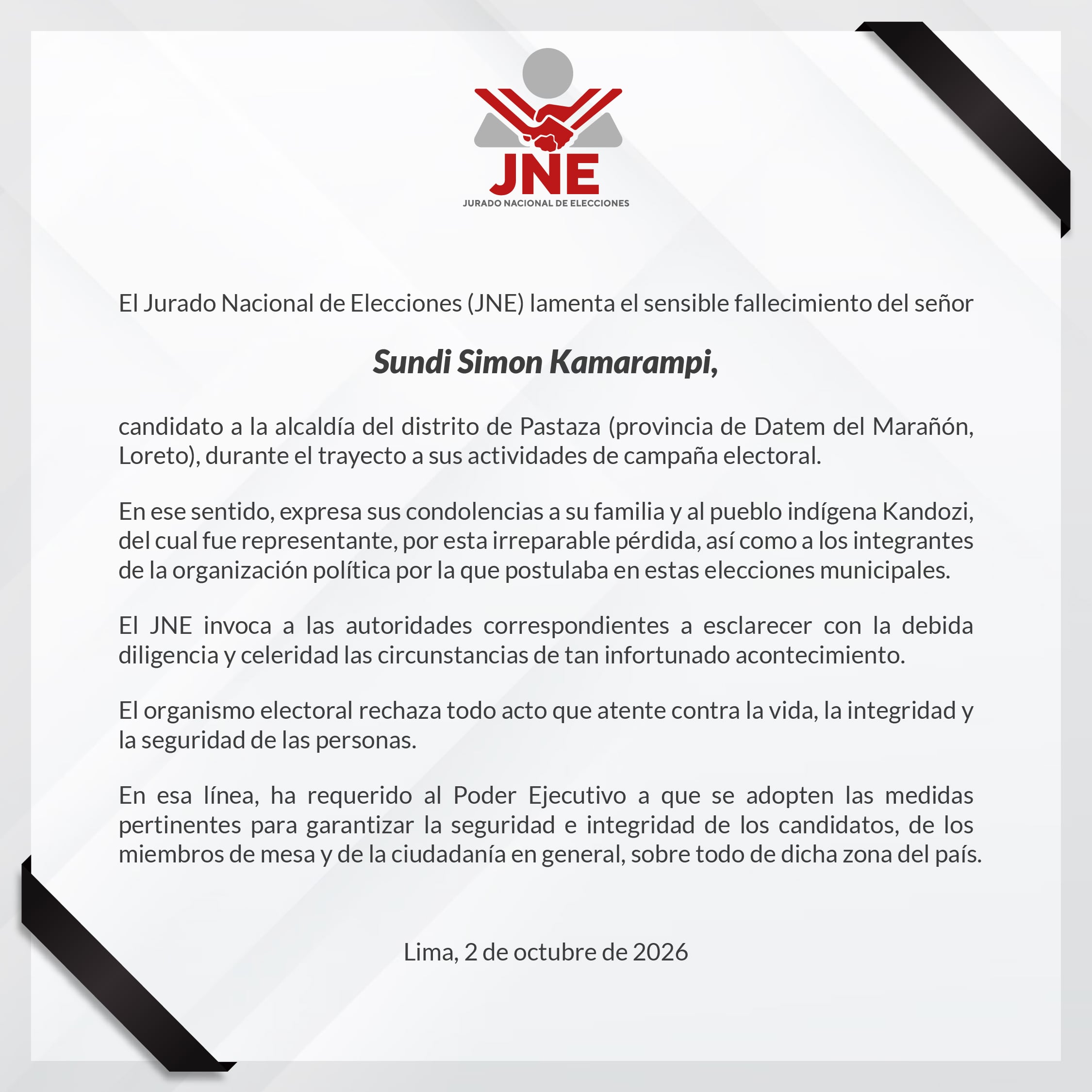 JNE exigió investigación tras fallecimiento del candidato distrital de Pastaza, Sundy Simón Kamarampi.