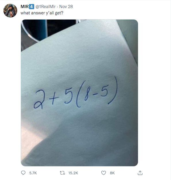 "¿Qué respuesta obtuvieron?", es la interrogante que desató una polémica entre los internautas aficionados a las matemáticas. | Crédito: @1RealMir / Twitter