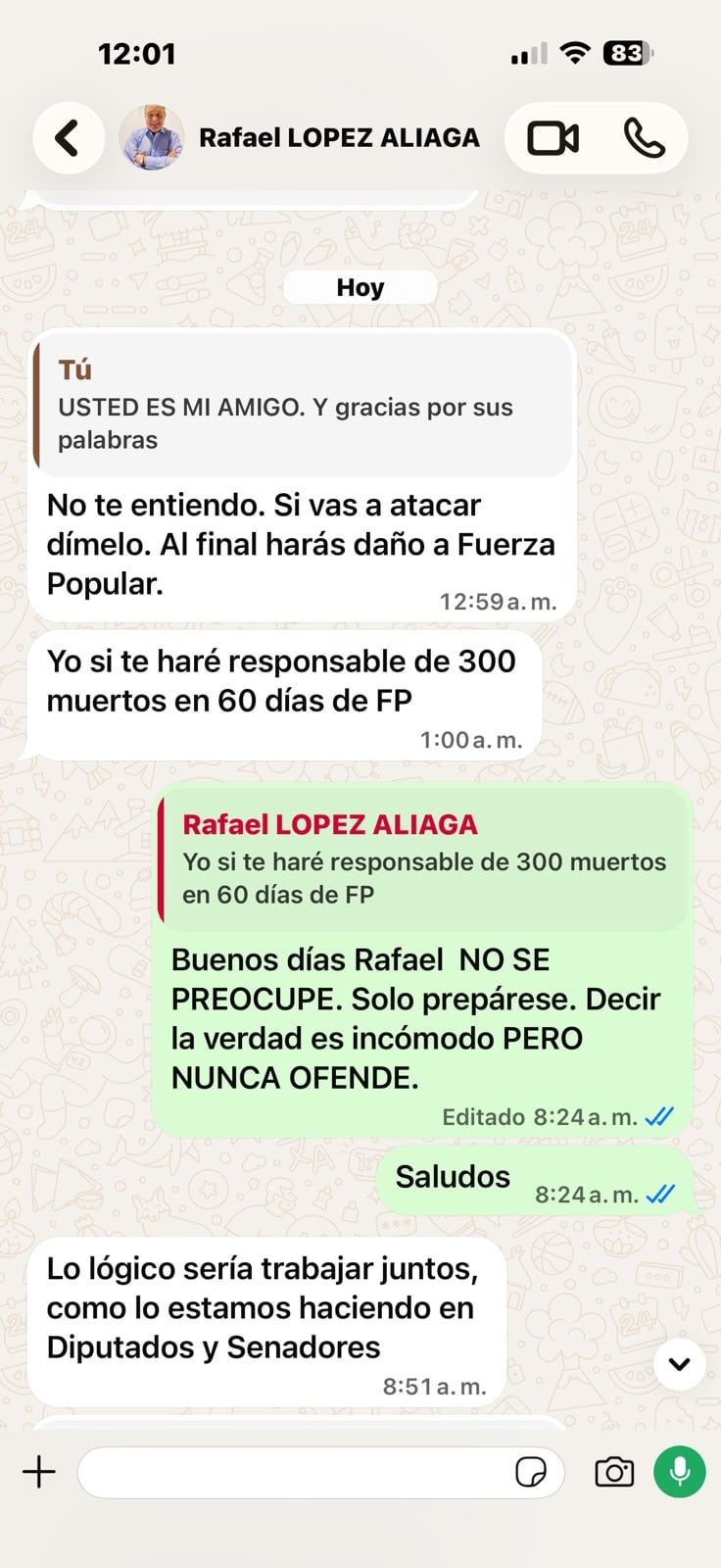 Samuel Daza presentó una denuncia contra Rafael López Aliaga ante el Tribunal de Honor del Pacto Ético
