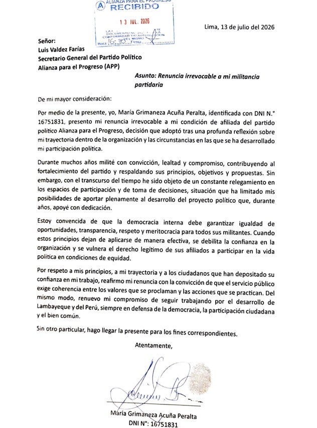 Carta de renuncia de María Acuña Peralta.
