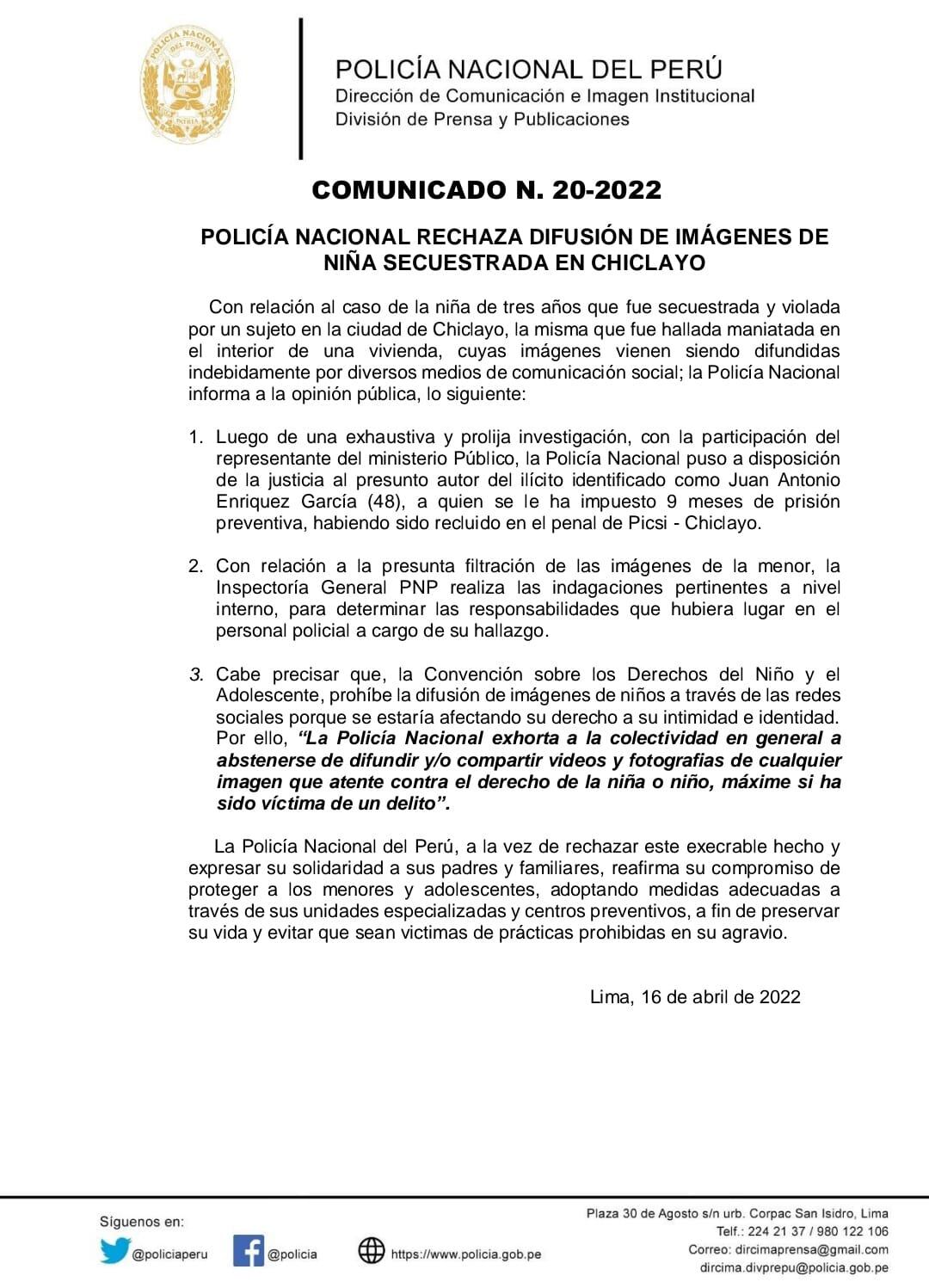 Comunicado de la Policía Nacional sobre publicaciones del caso de menor ultrajada en Chiclayo.