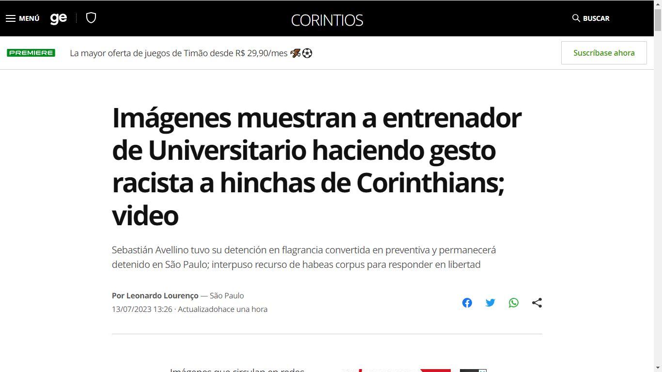 Medios brasileños califican de actos racistas los gestos del preparados físico Sebastian Avellino Vargas.
