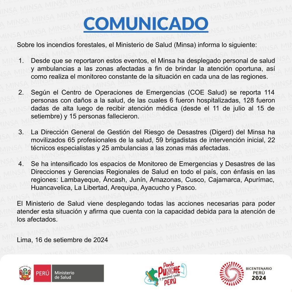 Comunicado del MINSA sobre incendios forestales.