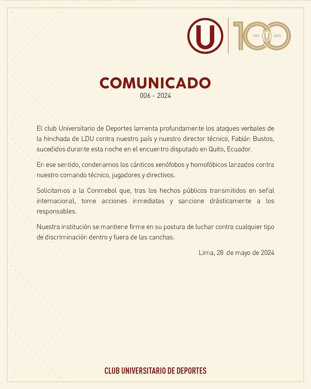 Comunicado de Universitario tras su participación en la Copa Libertadores 2024.