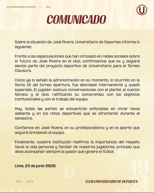 Universitario confirma dónde jugará Jose Rivera lo que resta de la Liga1 (@universitario)